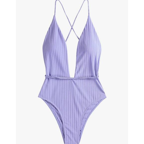 NWT Zaful Deep V Ribbed Swimsuit Sexy One Piece Lilac Pastel Medium Open Back - Picture 10 of 10